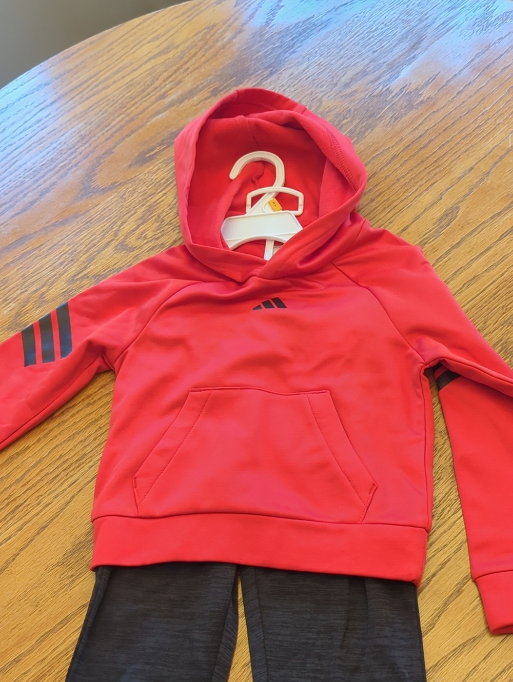 adidas Red Kids Hoodie with Black Logo and Stripe Accents
